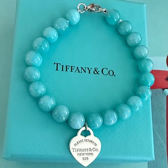 🩵7 1/2” Tiffany & Co. 8mm Bead PRTT Heart Tag Bracelet - Picture 1 of 12